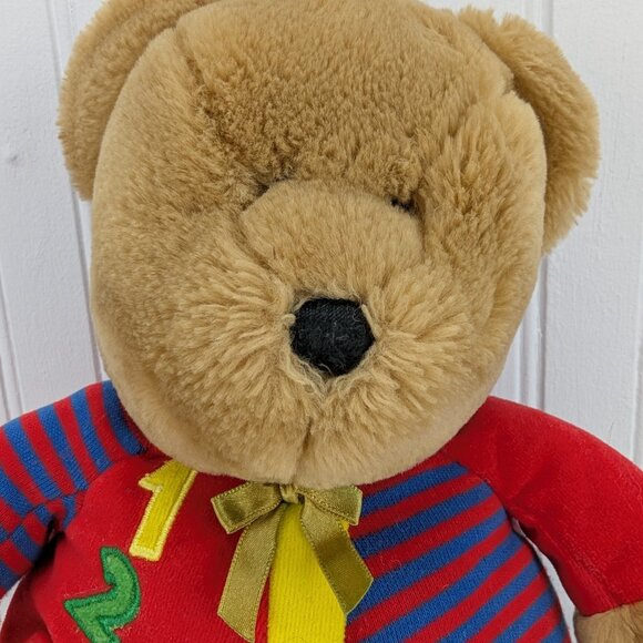 Vintage Eden Brown Teddy Bear Plush 12" Stuffed Animal 123 Red Blue Pajamas - Picture 2 of 11
